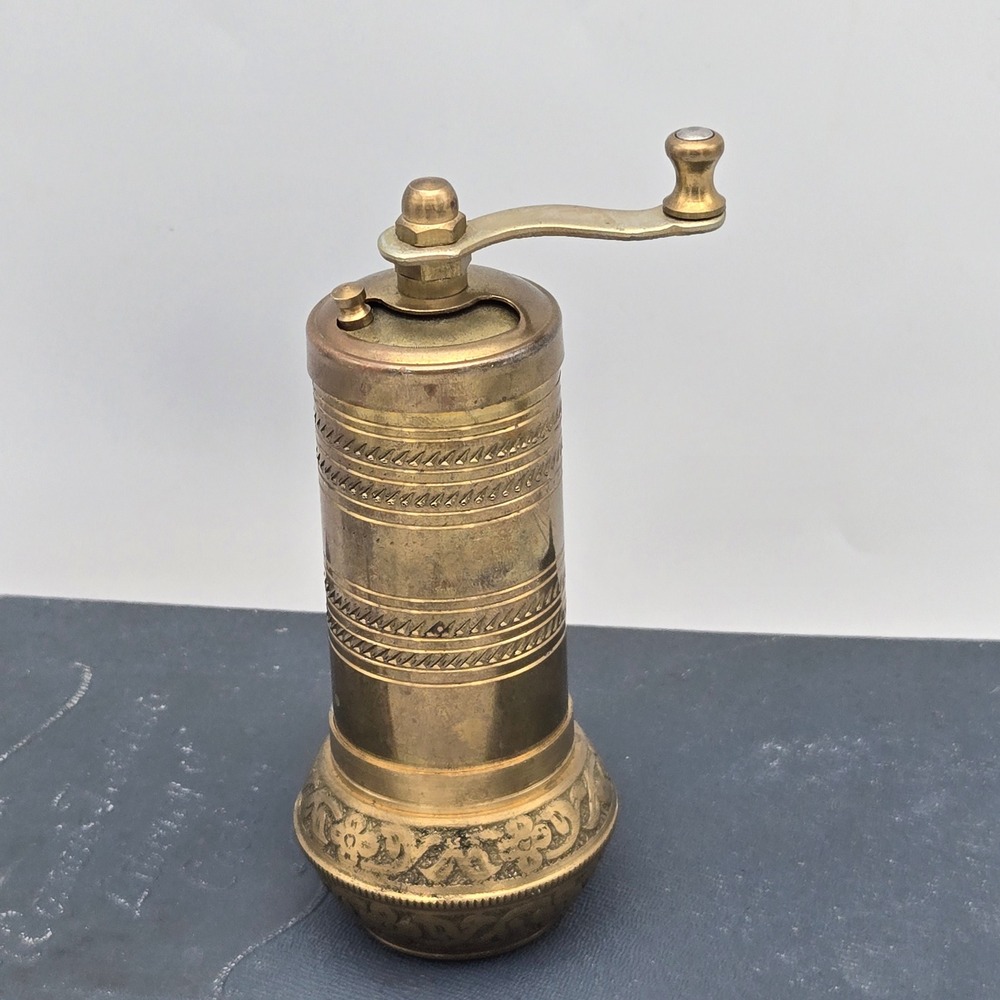 Vintage Brass Turkish Spice Pepper Mill Grinder Hand Crank Ornate Etched Design